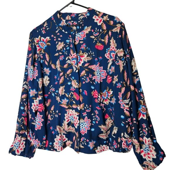 DG2 Womens Bright Floral Long Sleeve Blouse XL Polyester Blue & Pink Full Zip - Picture 1 of 9